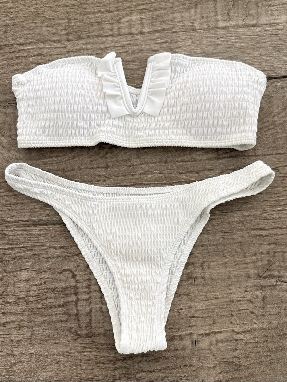 SHEIN bandeau bikini smocked. White bottoms small top medium